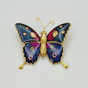 Vintage Gold Tone Multicolored Enamel Glitter Butterfly Brooch